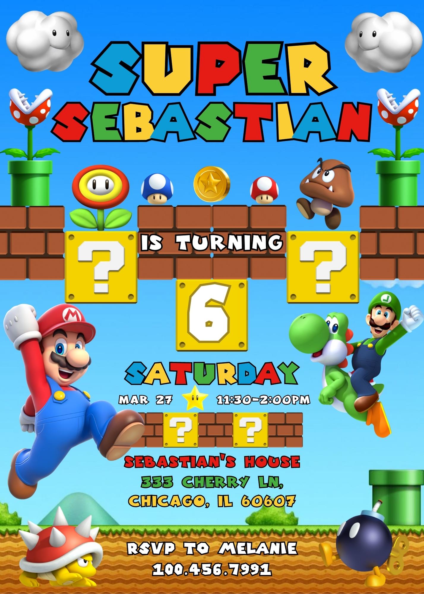 Super Mario Bros personizable birthday invitation template, instant download, UR703
