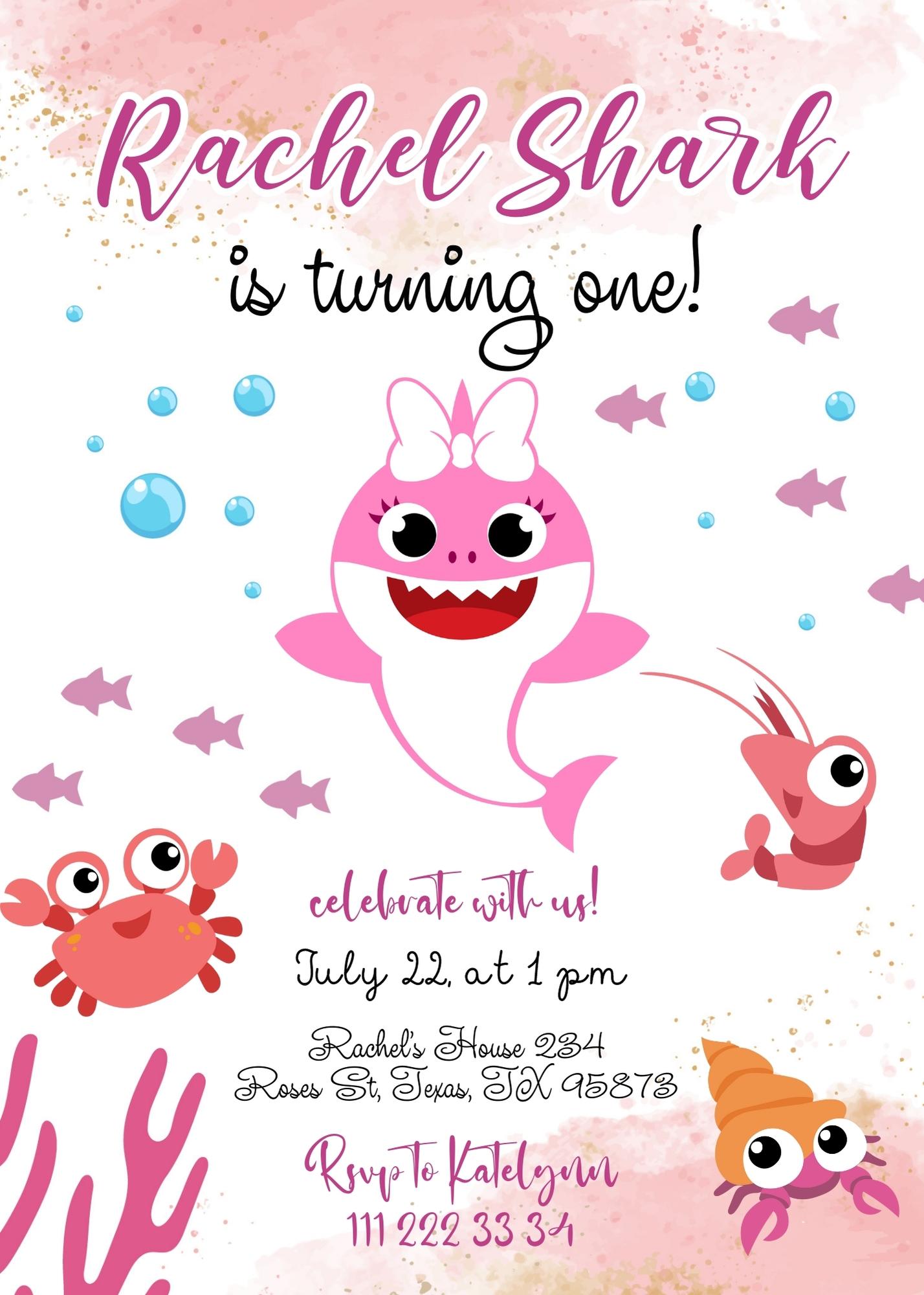 Baby Shark personizable birthday invitation template, instant download, TQ979
