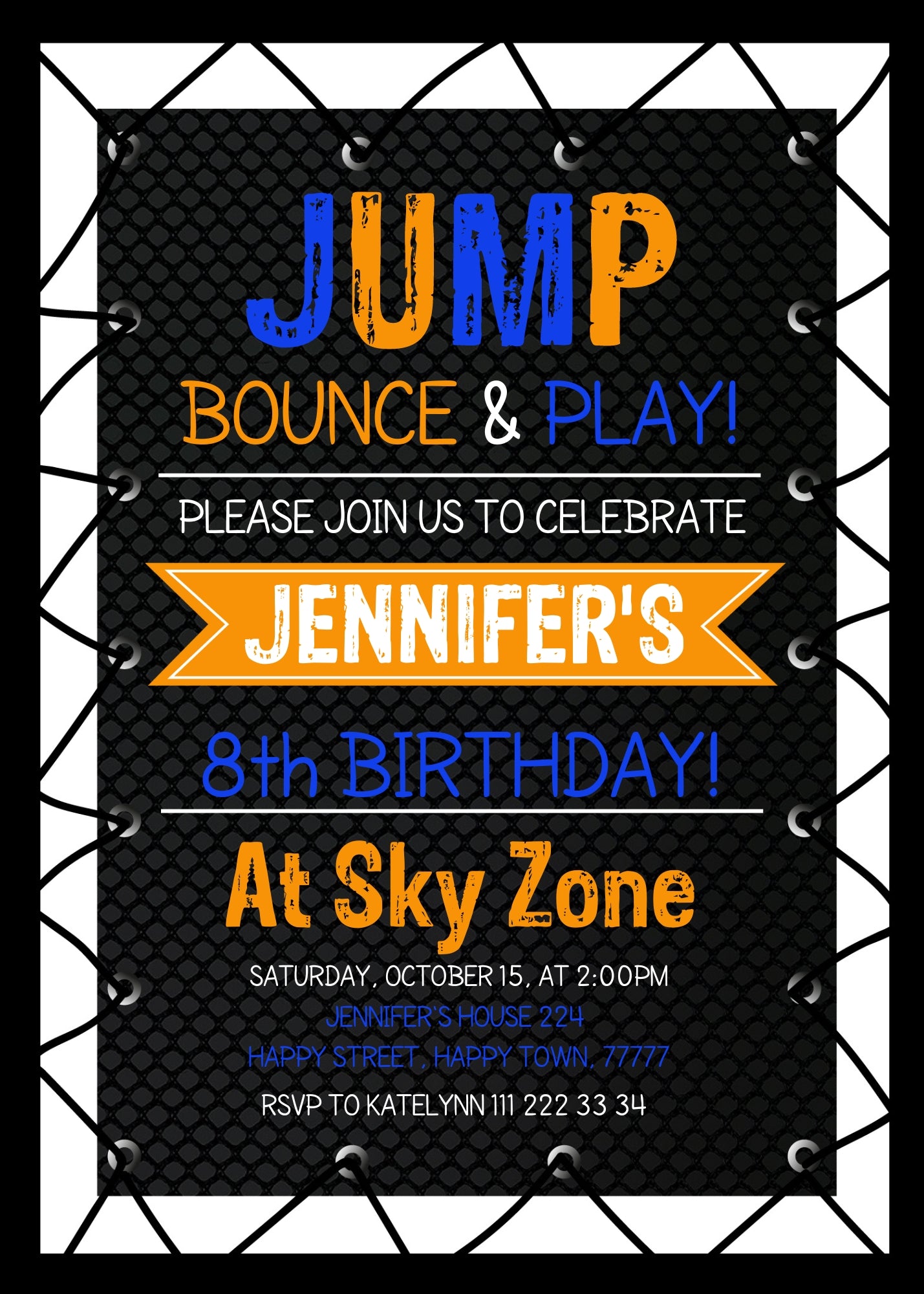 Trampoline Jump Party personizable birthday invitation template, instant download, XA631