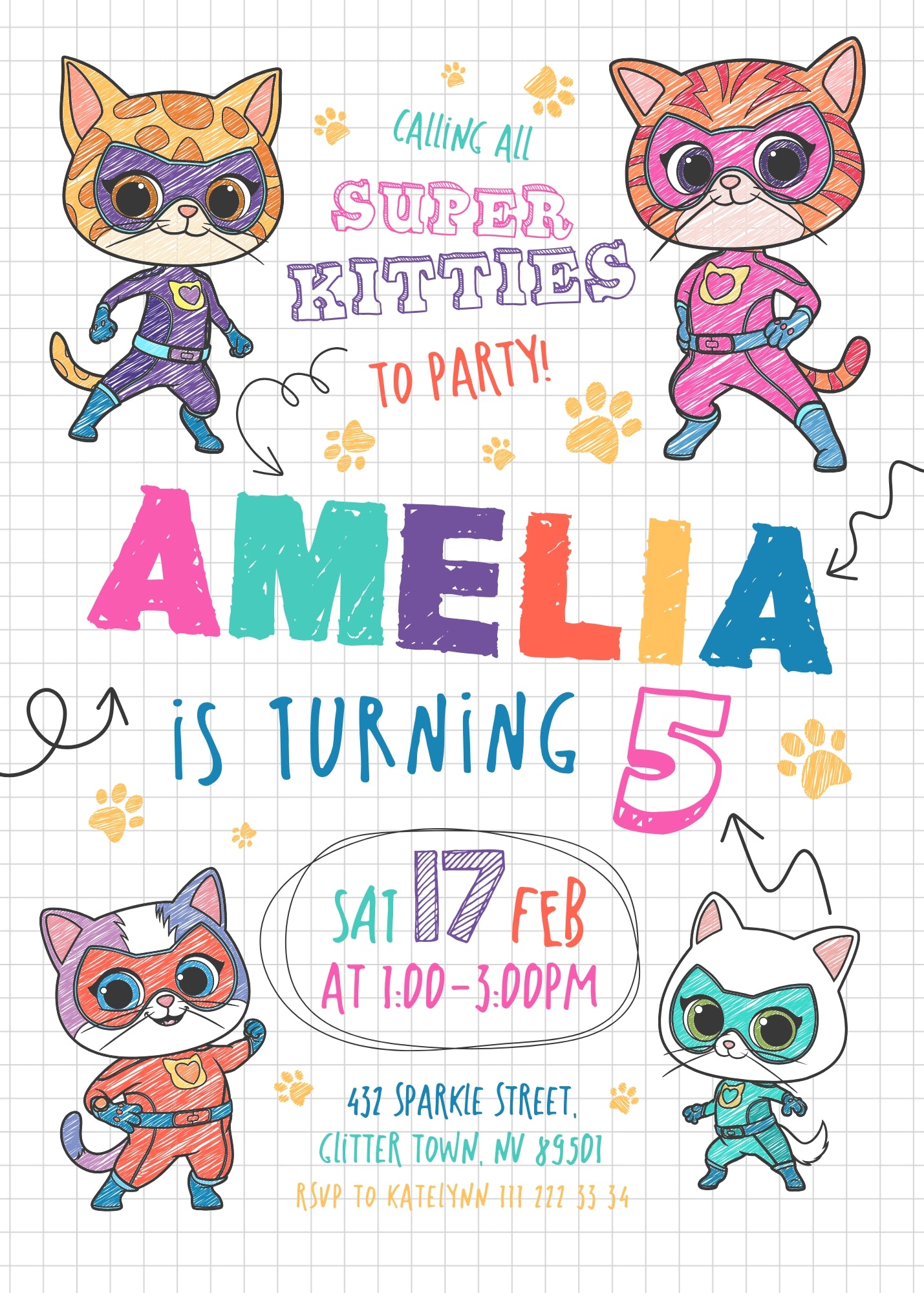 SuperKitties personizable birthday invitation template, instant download, VO414