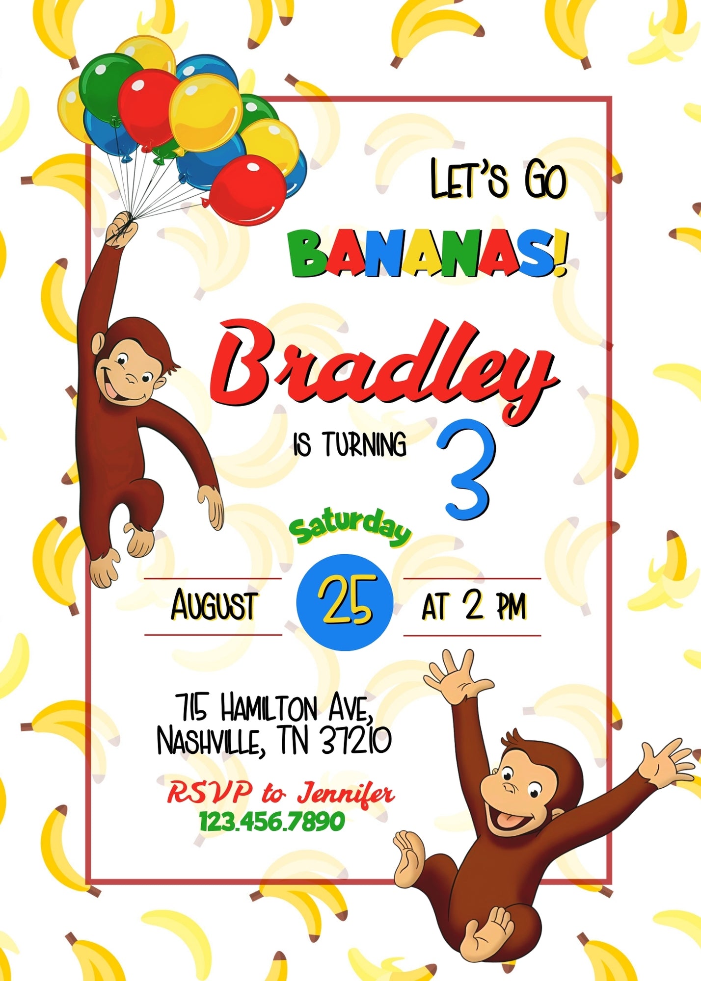 Curious George Monkey personizable birthday invitation template, instant download, YK664