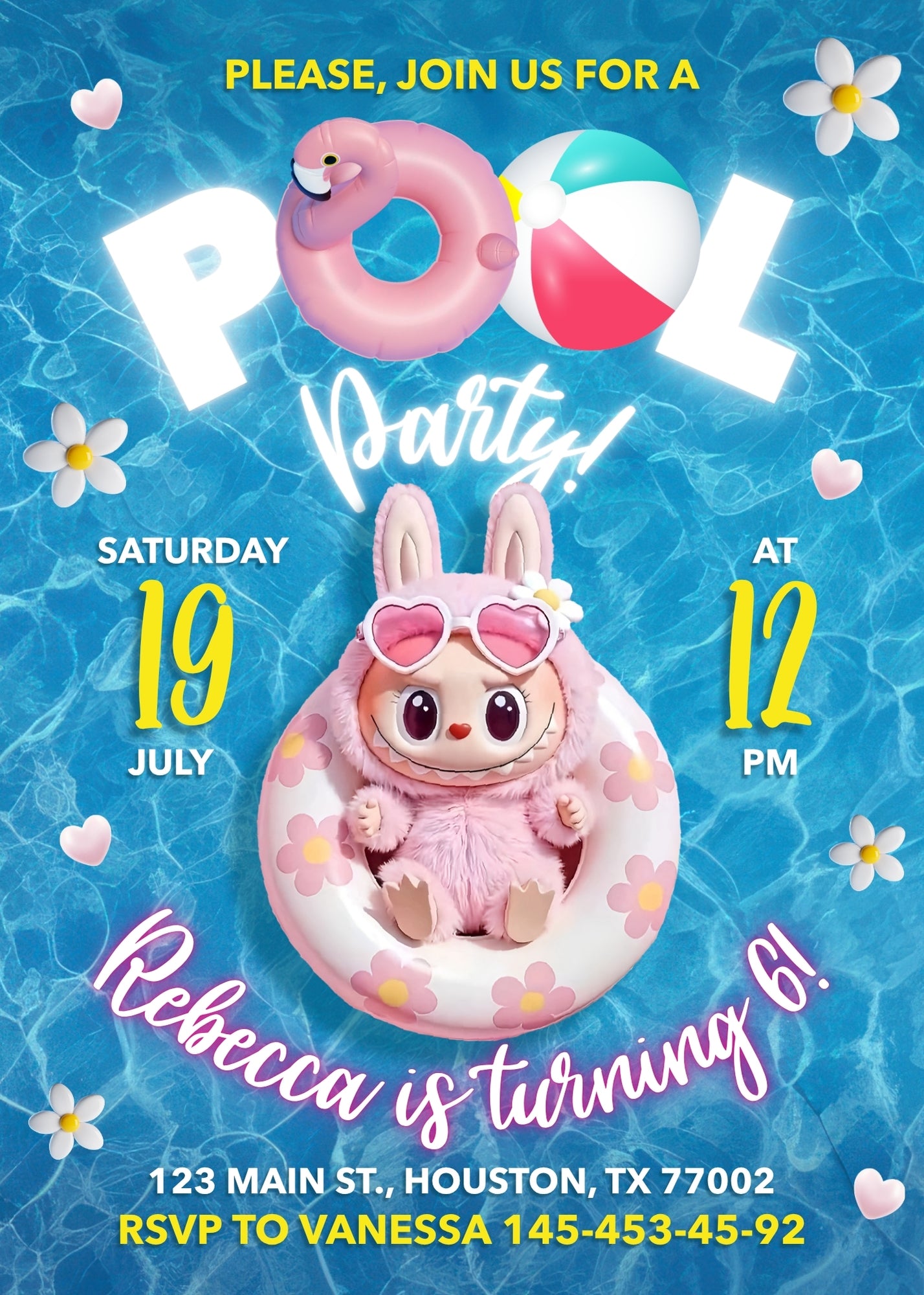 Labubu Pool Party customizable birthday invite template, instant download| AC680