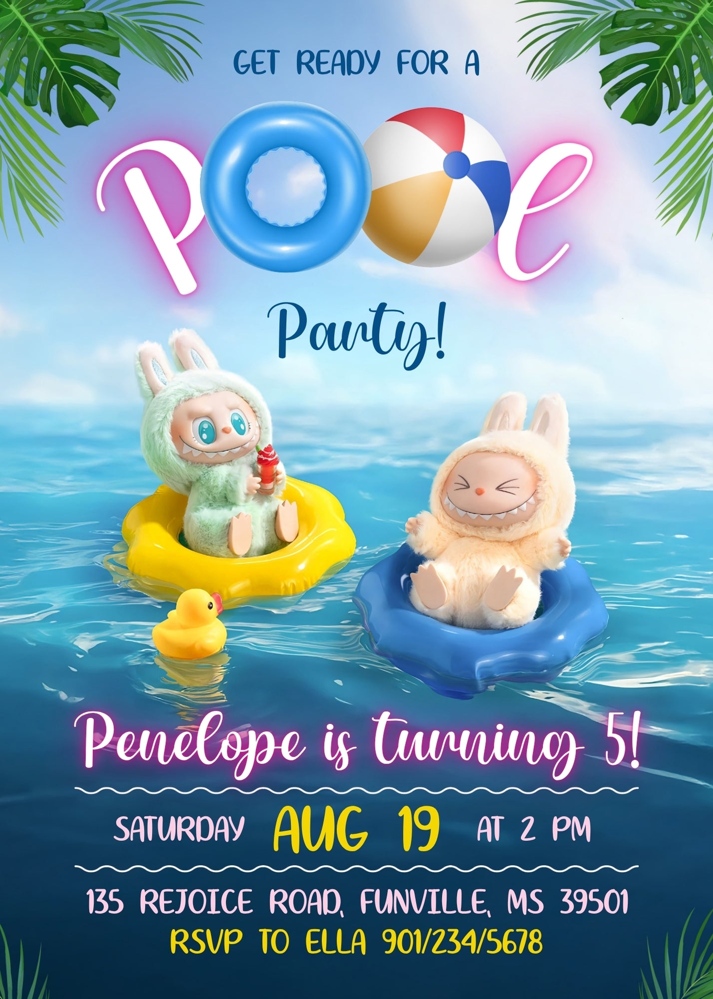 Labubu Pool Party customizable birthday invite template, instant download| LU838