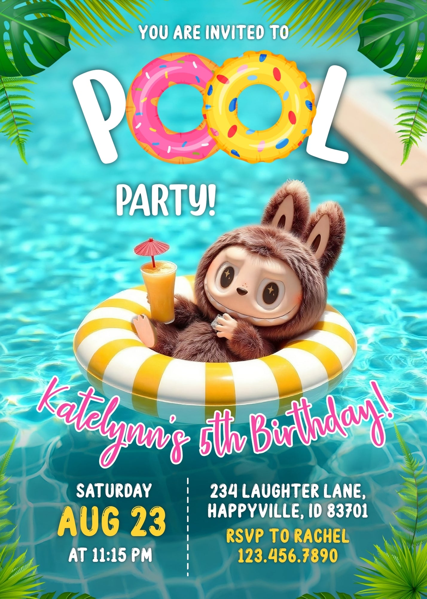 Labubu Pool Party customizable birthday invite template, instant download| YH070