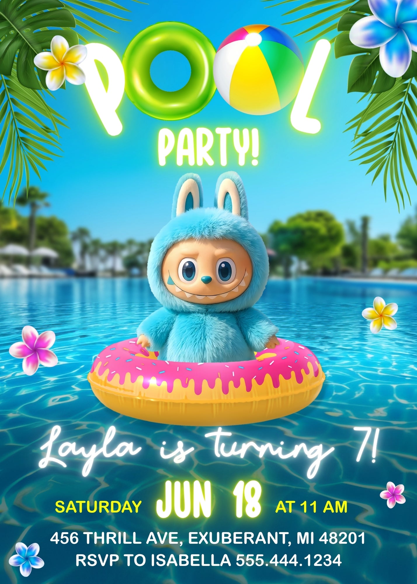 Labubu Pool Party customizable birthday invite template, instant download| YK276