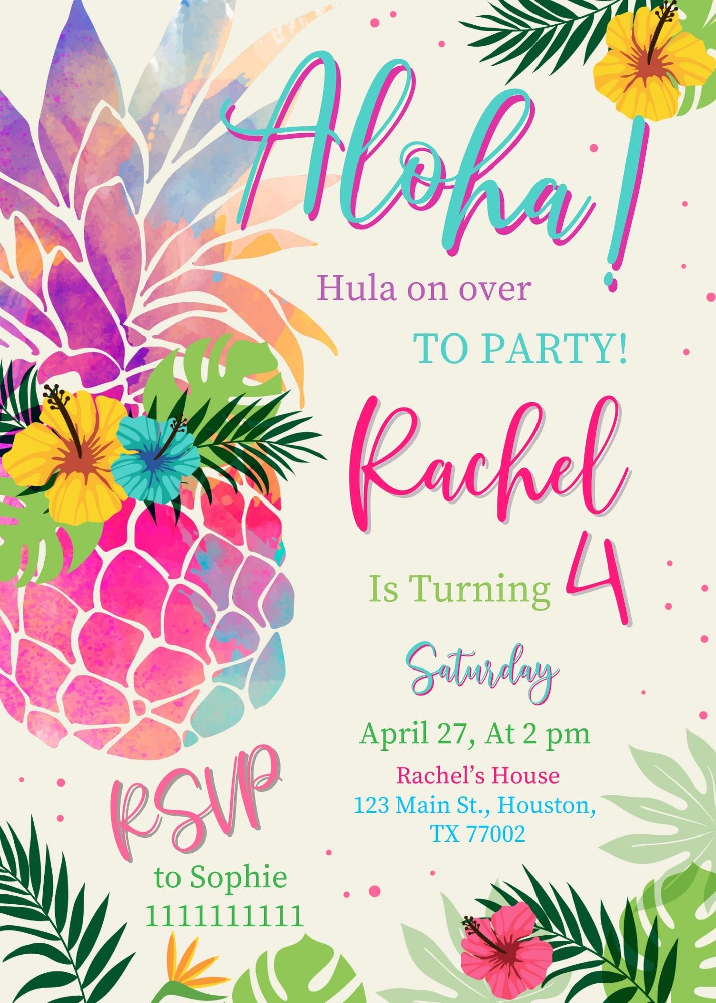 Aloha Luau Party personizable birthday invitation template, instant download, girl, DW243