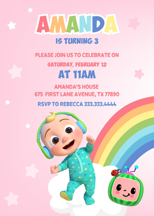 Cocomelon personizable birthday invitation template, instant download, BO255