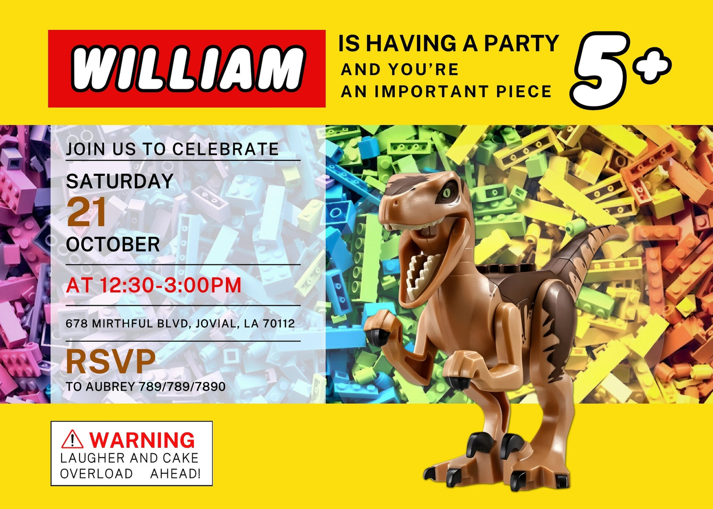 Lego Dinosaur T-Rex personizable birthday invitation template, instant download, DU165