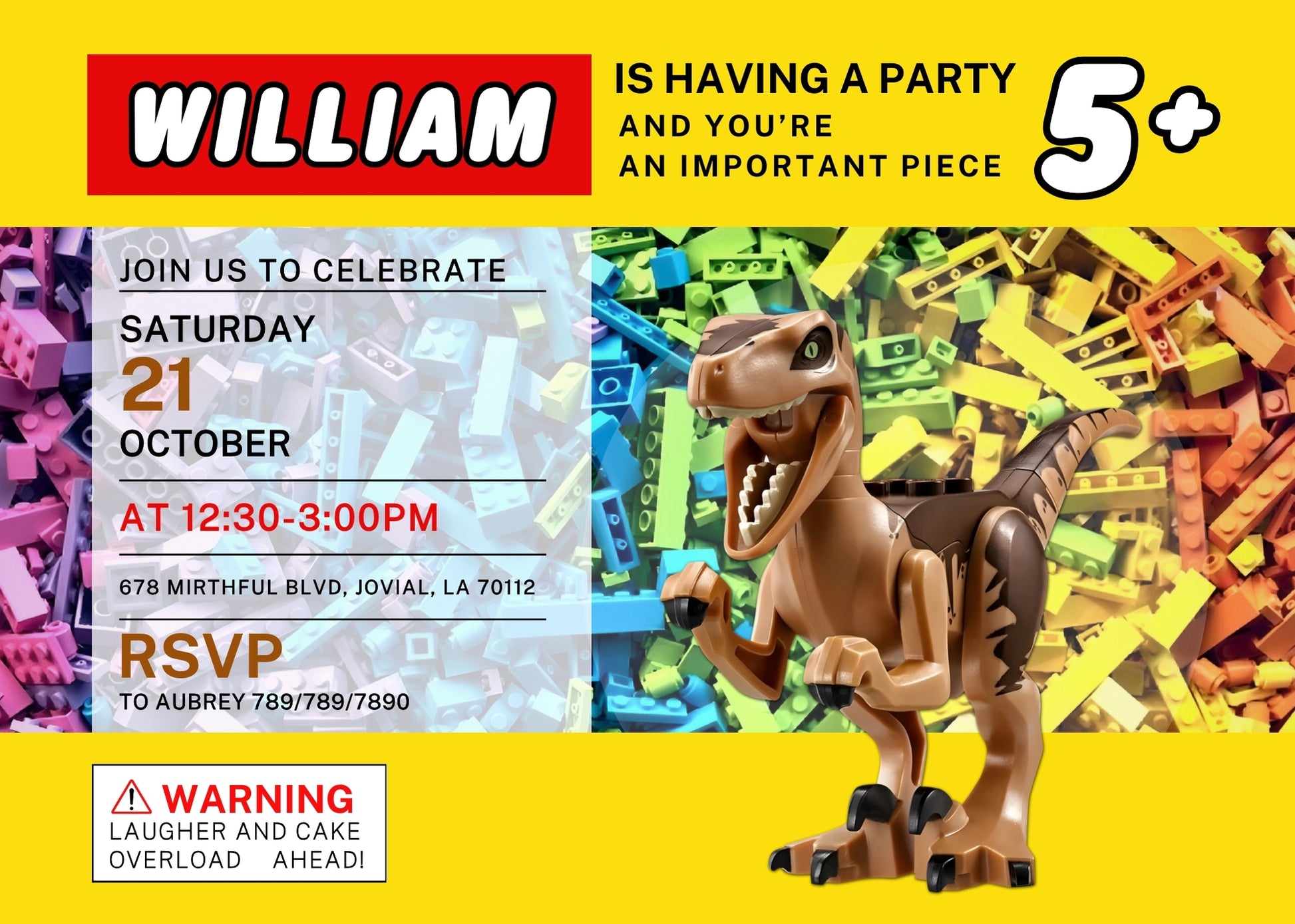 Lego Dinosaur T-Rex personizable birthday invitation template, instant download, DU165