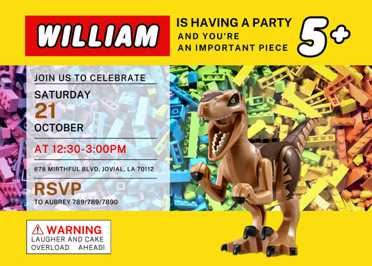 Lego Dinosaur T-Rex personizable birthday invitation template, instant download, DU165