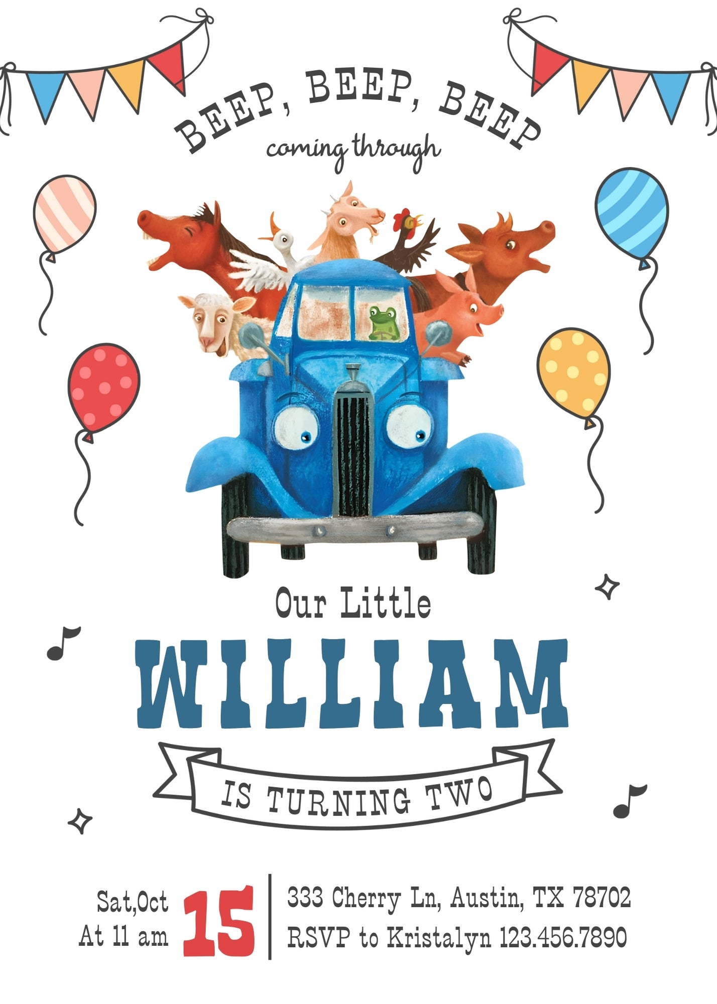 Little Blue Truck personizable birthday invitation template, instant download, PW738