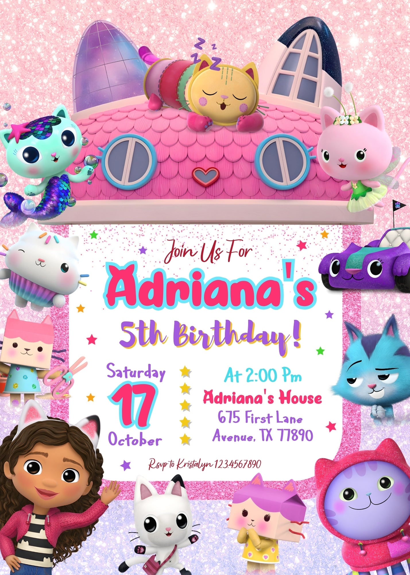 Gabby's Dollhouse Kitten personizable birthday invitation template, instant download, girl, LL591