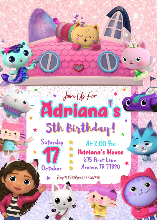 Gabby's Dollhouse Kitten personizable birthday invitation template, instant download, girl, LL591