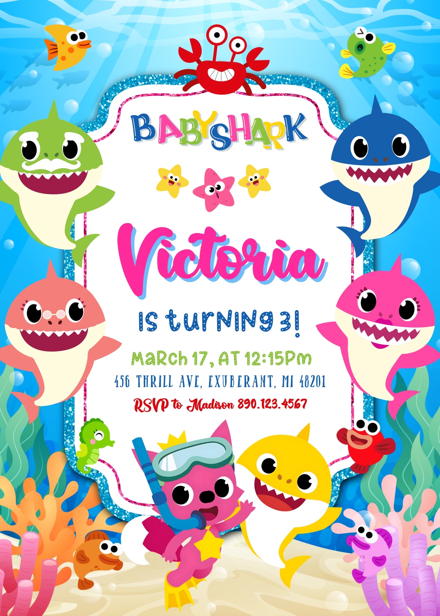 Baby Shark personizable birthday invitation template, instant download, SW218