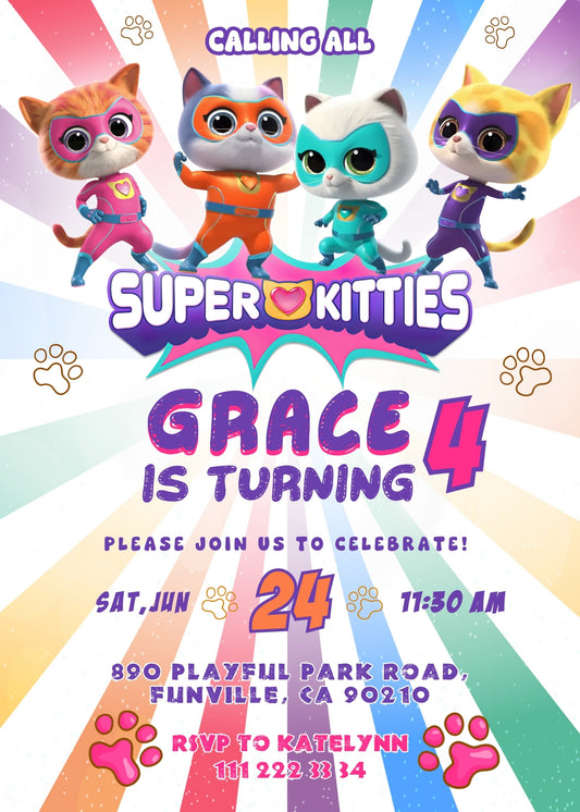 SuperKitties personizable birthday invitation template, instant download, YD188