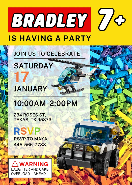 Lego Police Car customizable birthday invite template, instant download| boy| VL548