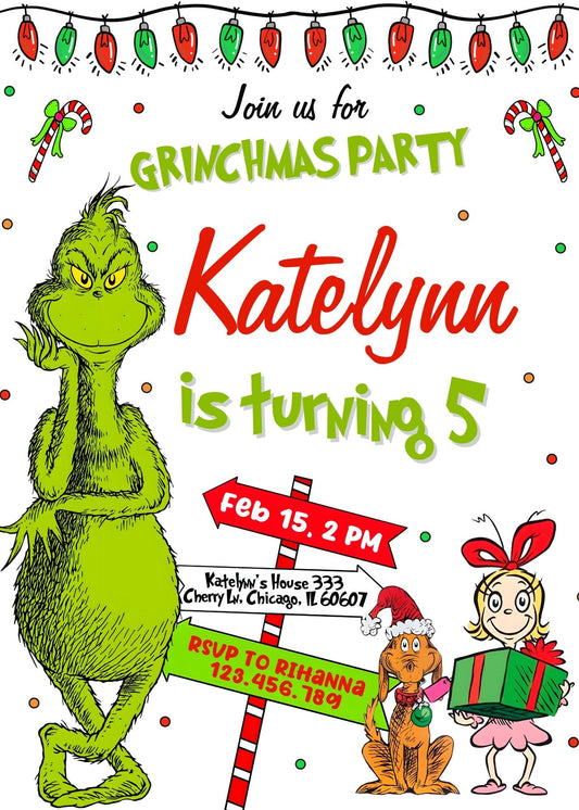 The Grinch Merry Grinchmas personizable birthday invitation template, instant download, AJ979