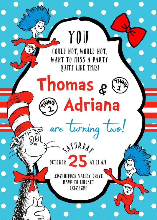 Dr Seuss The Cat in the Hat Twins personizable birthday invitation template, instant download, SA555