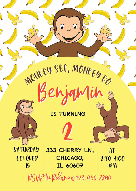 Curious George Monkey personizable birthday invitation template, instant download, CH556