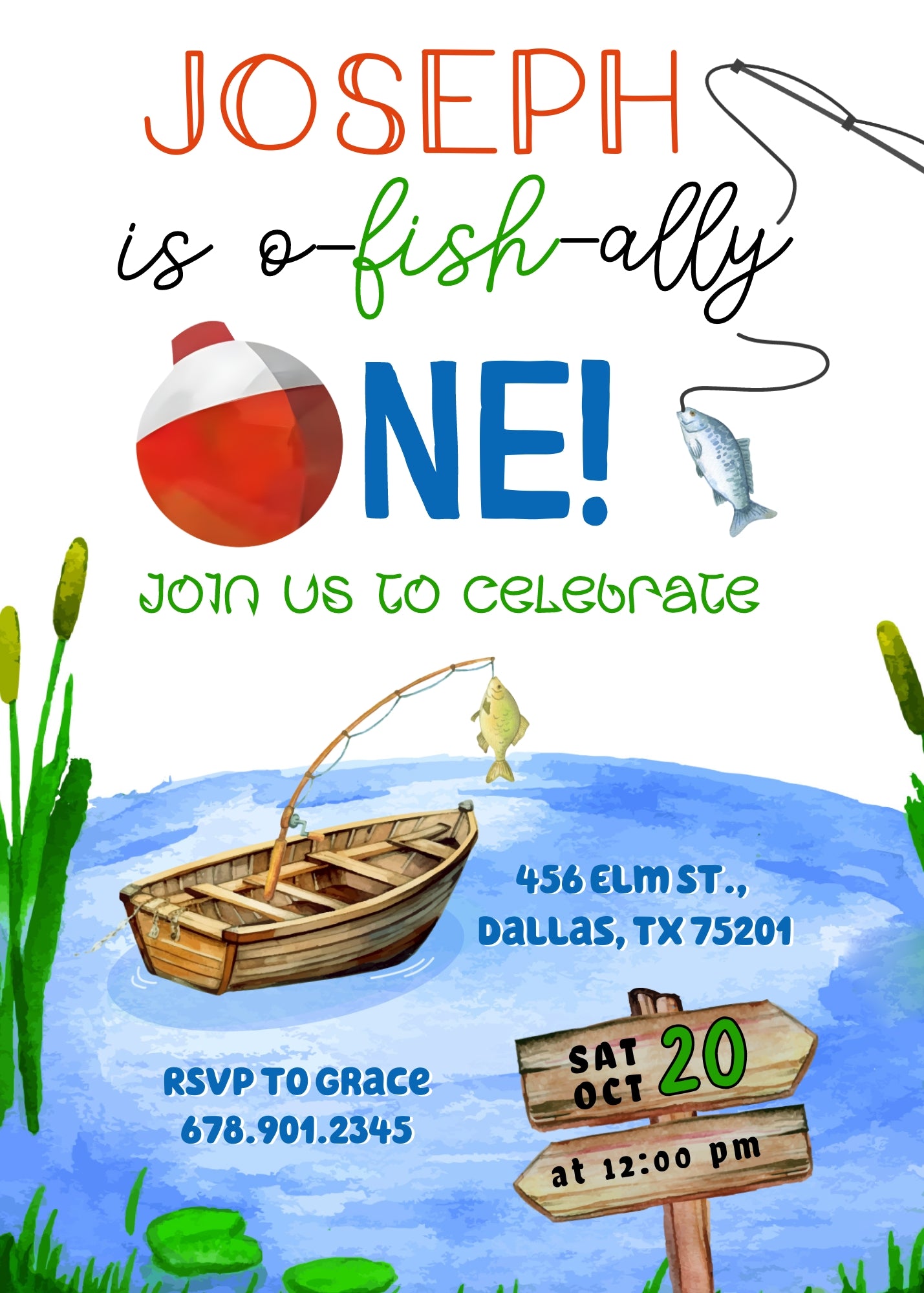 Fishing 1st O-Fish-Ally personizable birthday invitation template, instant download, DF244