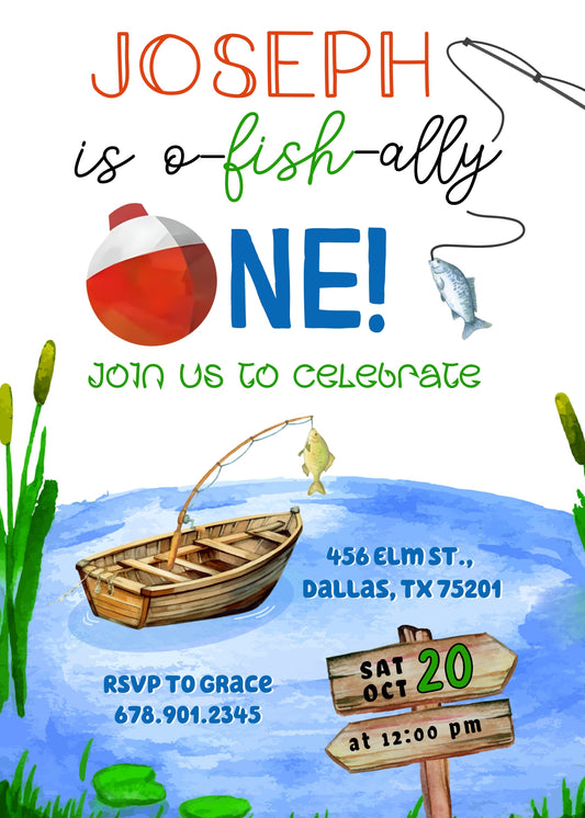 Fishing 1st O-Fish-Ally personizable birthday invitation template, instant download, DF244