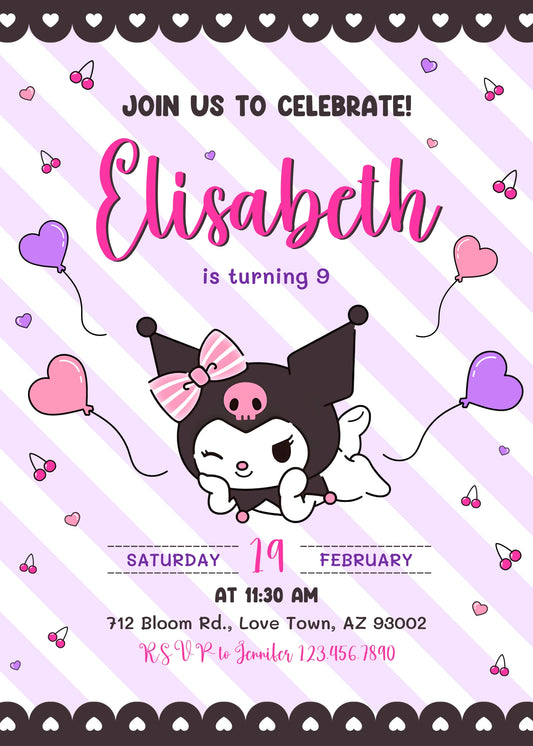 Kuromi Hello Kitty Sanrio personizable birthday invitation template, instant download, JH627
