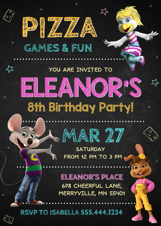 Chuck E. Cheese personizable birthday invitation template, instant download, UE291