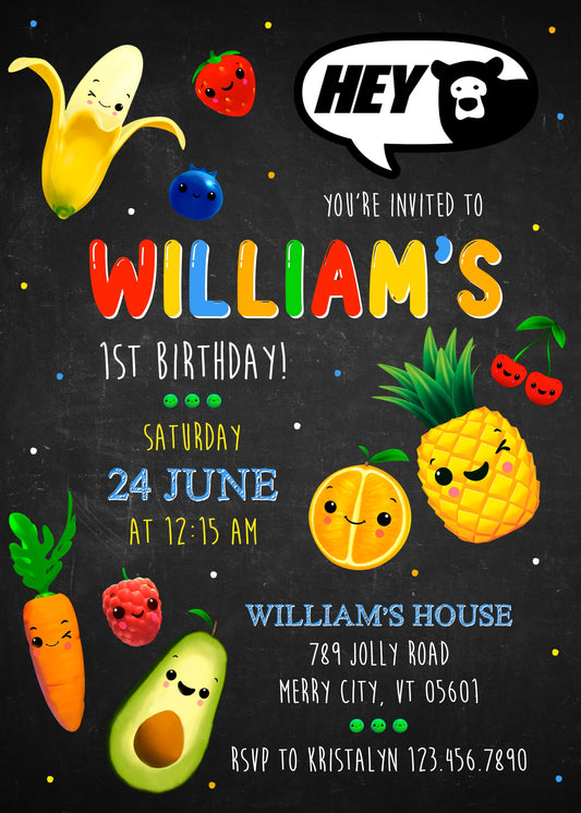Hey Bear Sensory Dancing Fruits personizable birthday invitation template, instant download, ZF387