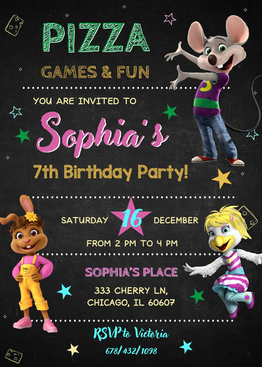 Chuck E. Cheese personizable birthday invitation template, instant download, XU650