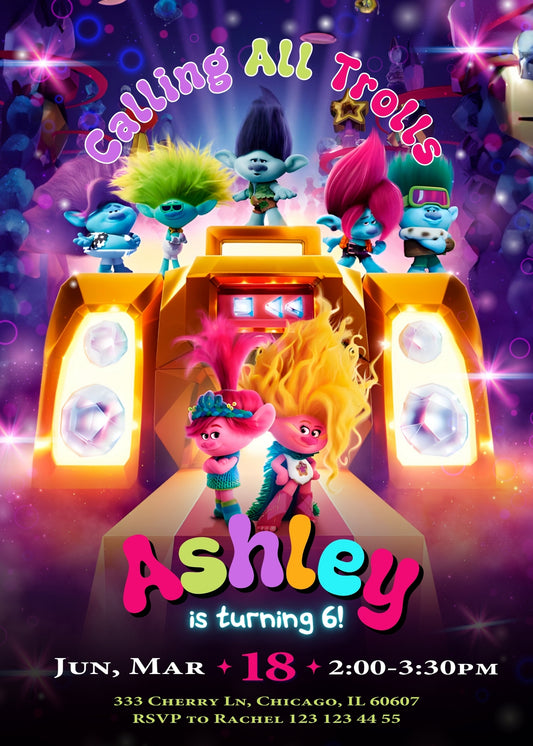 Trolls Poppy personizable birthday invitation template, instant download, SW686