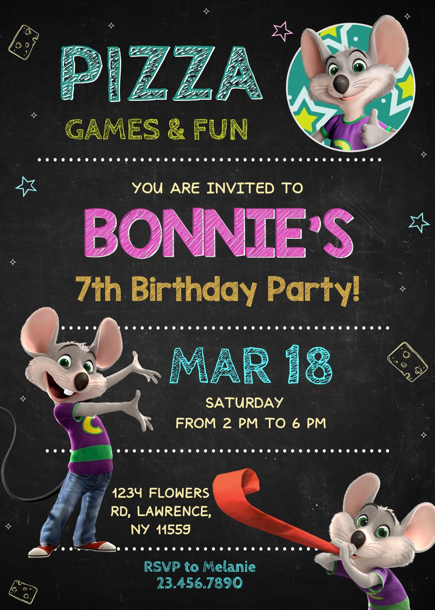 Chuck E. Cheese personizable birthday invitation template, instant download, TB499
