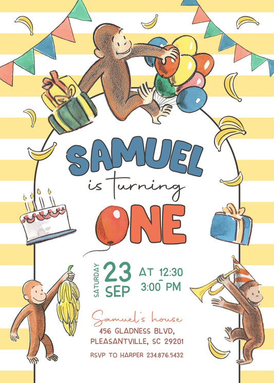 Curious George Monkey personizable birthday invitation template, instant download, EB033