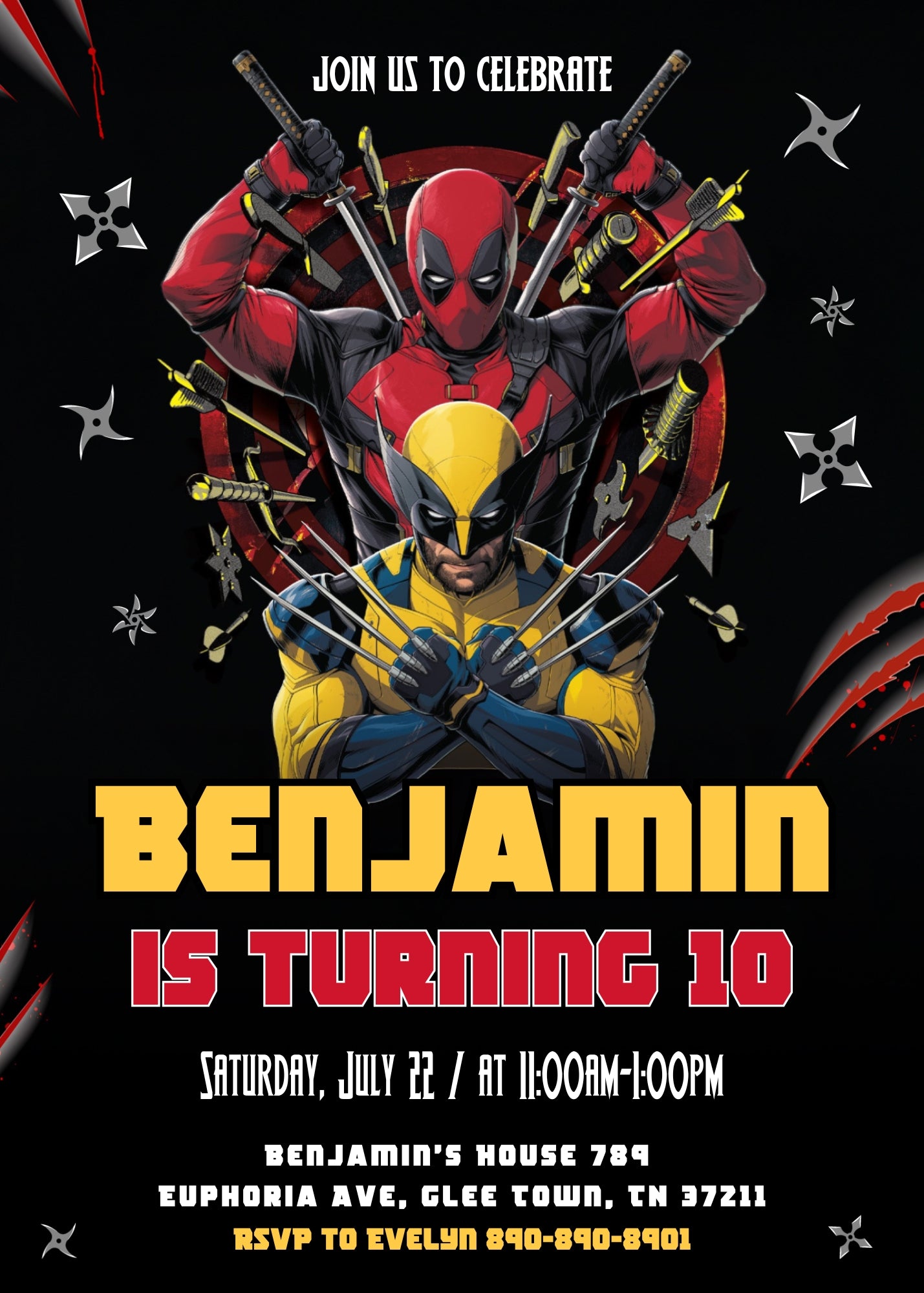 Deadpool Wolverine Marvel personizable birthday invitation template, instant download, boy, WF125