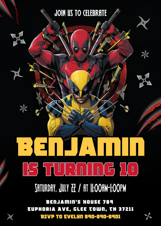 Deadpool Wolverine Marvel personizable birthday invitation template, instant download, boy, WF125