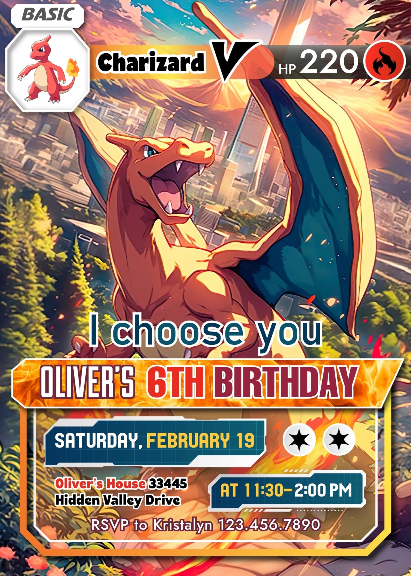 Charizard Pokemon Anime personizable birthday invitation template, instant download, OX451