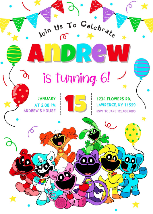 Smiling Critters personizable birthday invitation template, instant download, GQ982