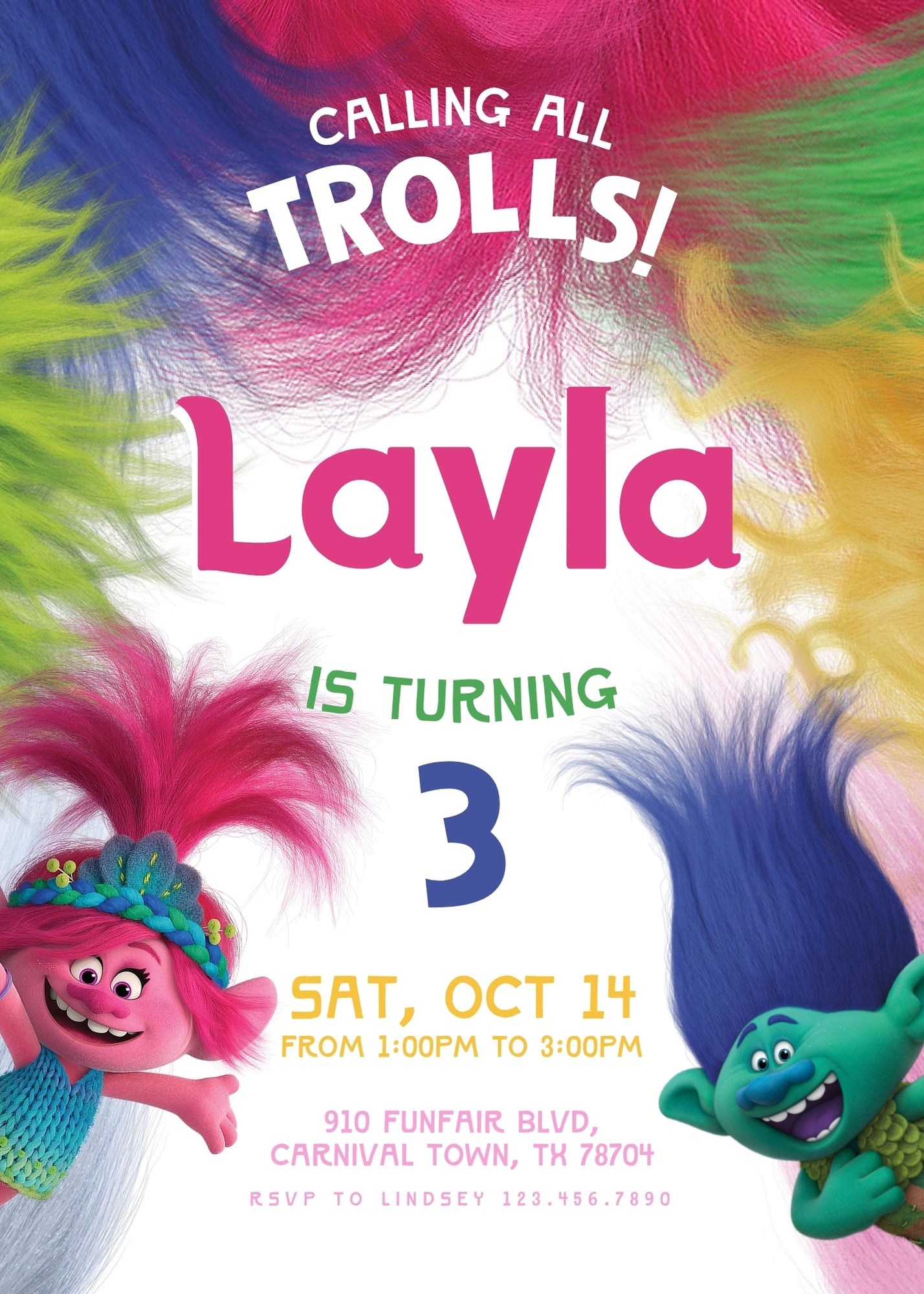 Trolls Poppy personizable birthday invitation template, instant download, AV310
