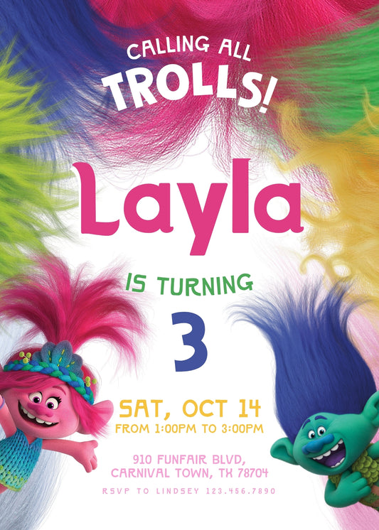 Trolls Poppy personizable birthday invitation template, instant download, AV310