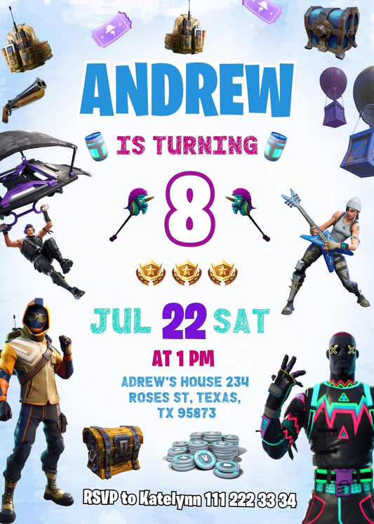 Fortnite Gamer personizable birthday invitation template, instant download, boy, SA091