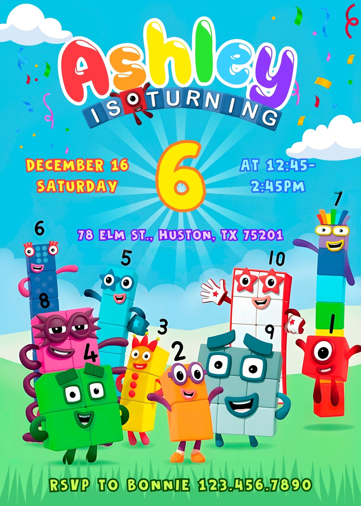 Numberblocks personizable birthday invitation template, instant download, PR590