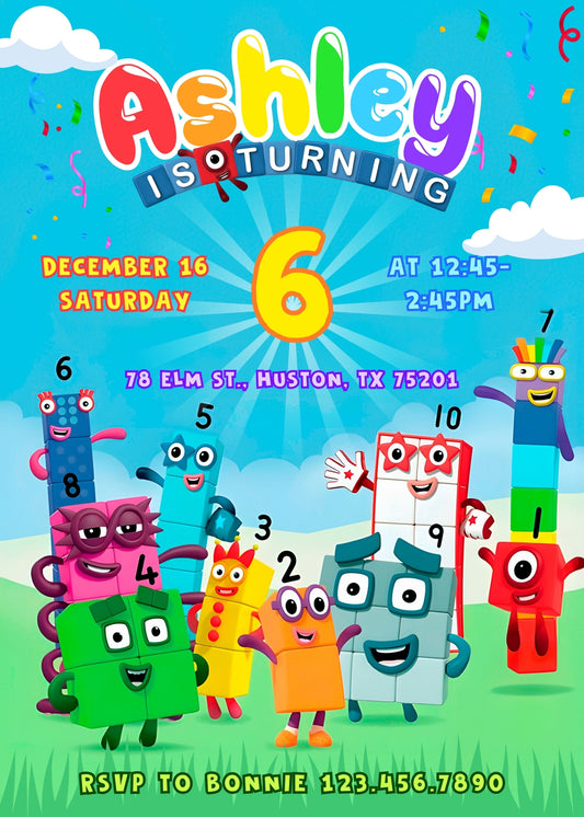 Numberblocks personizable birthday invitation template, instant download, PR590