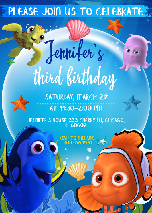 Finding Nemo personizable birthday invitation template, instant download, EE837