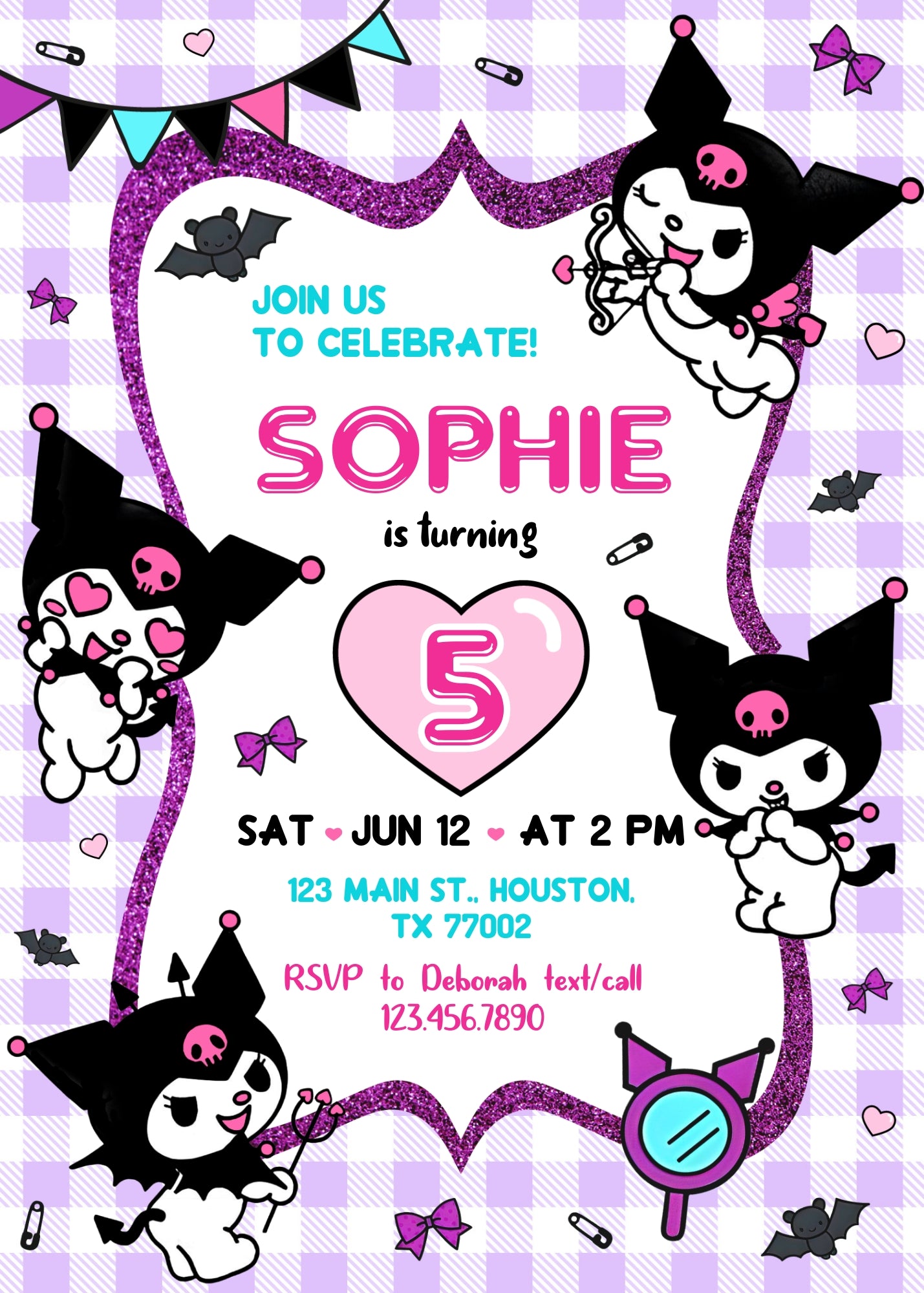 Kuromi Hello Kitty Sanrio personizable birthday invitation template, instant download, TM802