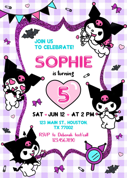 Kuromi Hello Kitty Sanrio personizable birthday invitation template, instant download, TM802