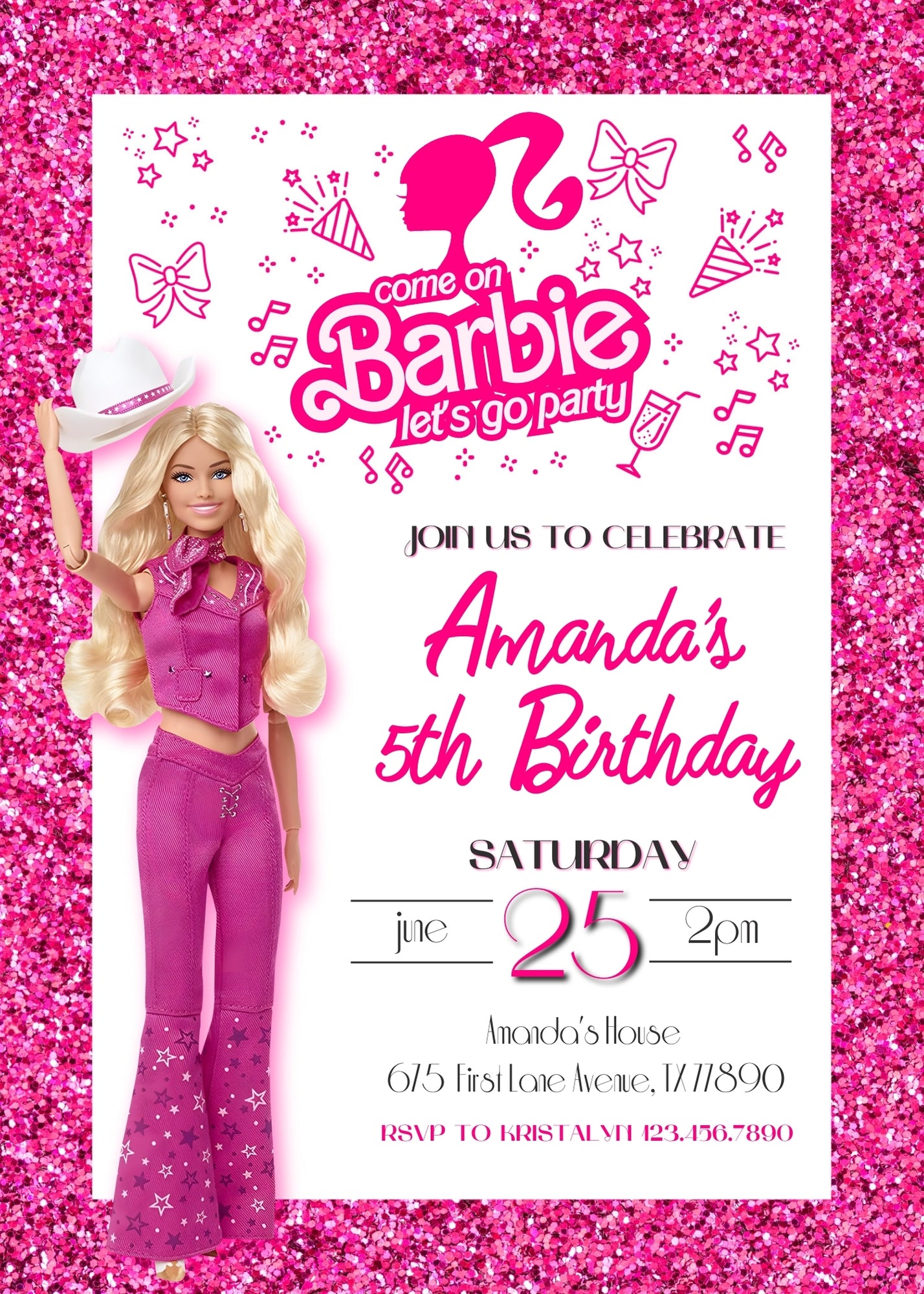Barbie Pink personizable birthday invitation template, instant download, girl, GY458