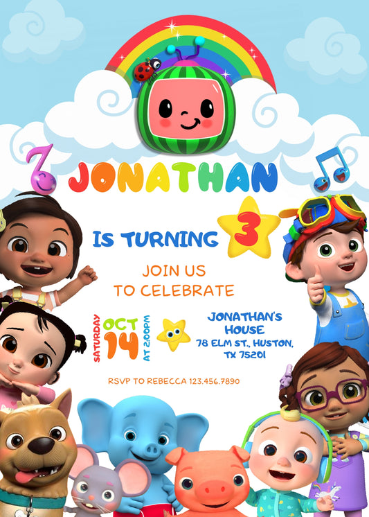 Cocomelon personizable birthday invitation template, instant download, CS502