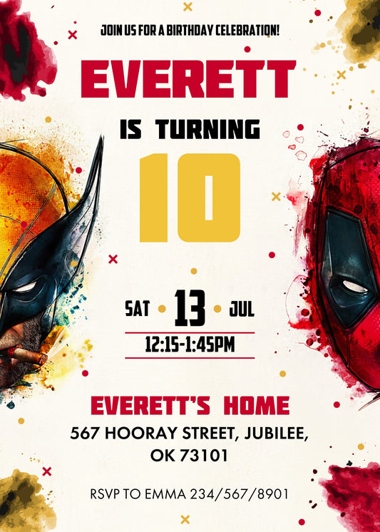 Deadpool Wolverine Marvel personizable birthday invitation template, instant download, boy, ON313