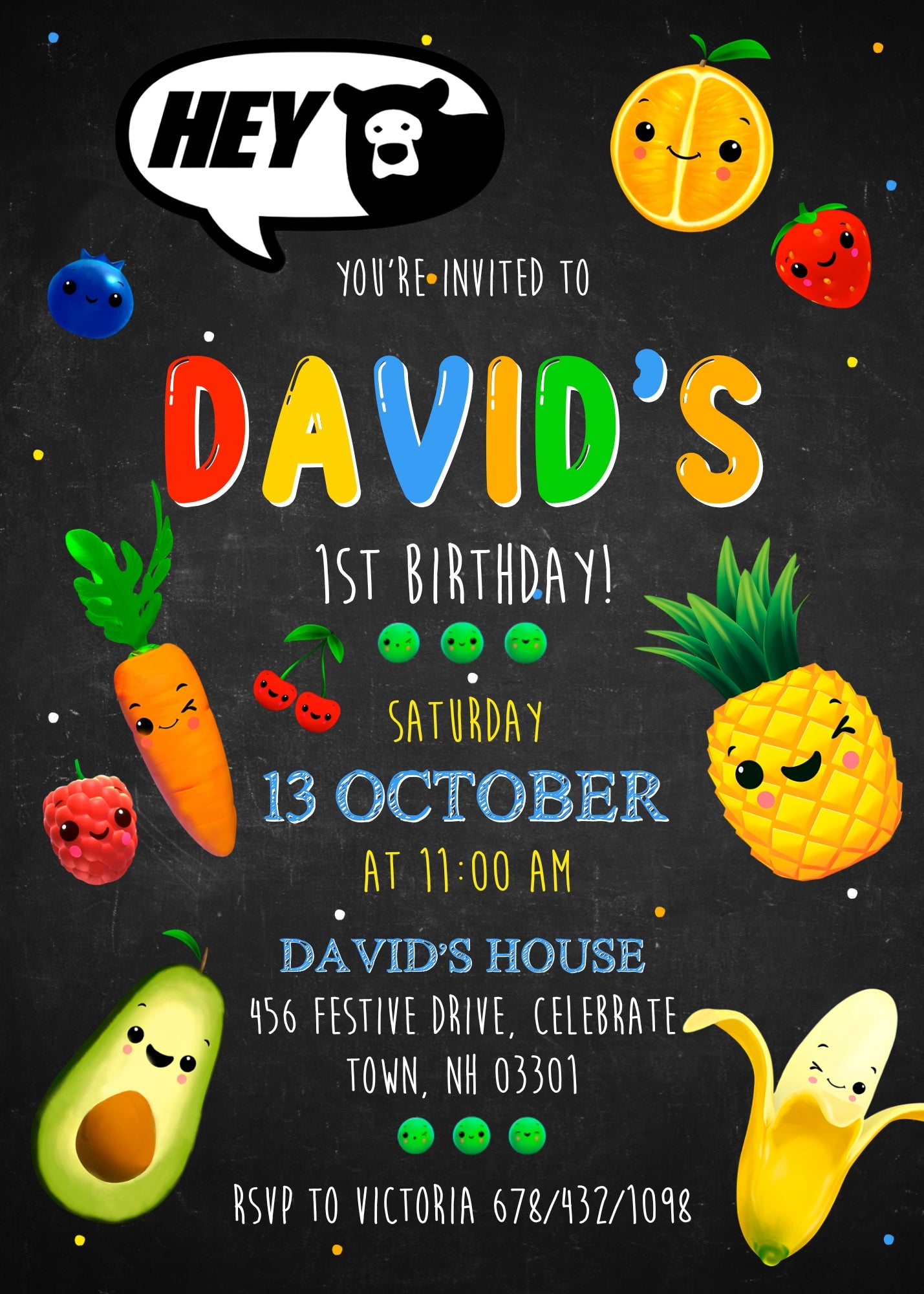 Hey Bear Sensory Dancing Fruits customizable birthday invite template, instant download| RH959