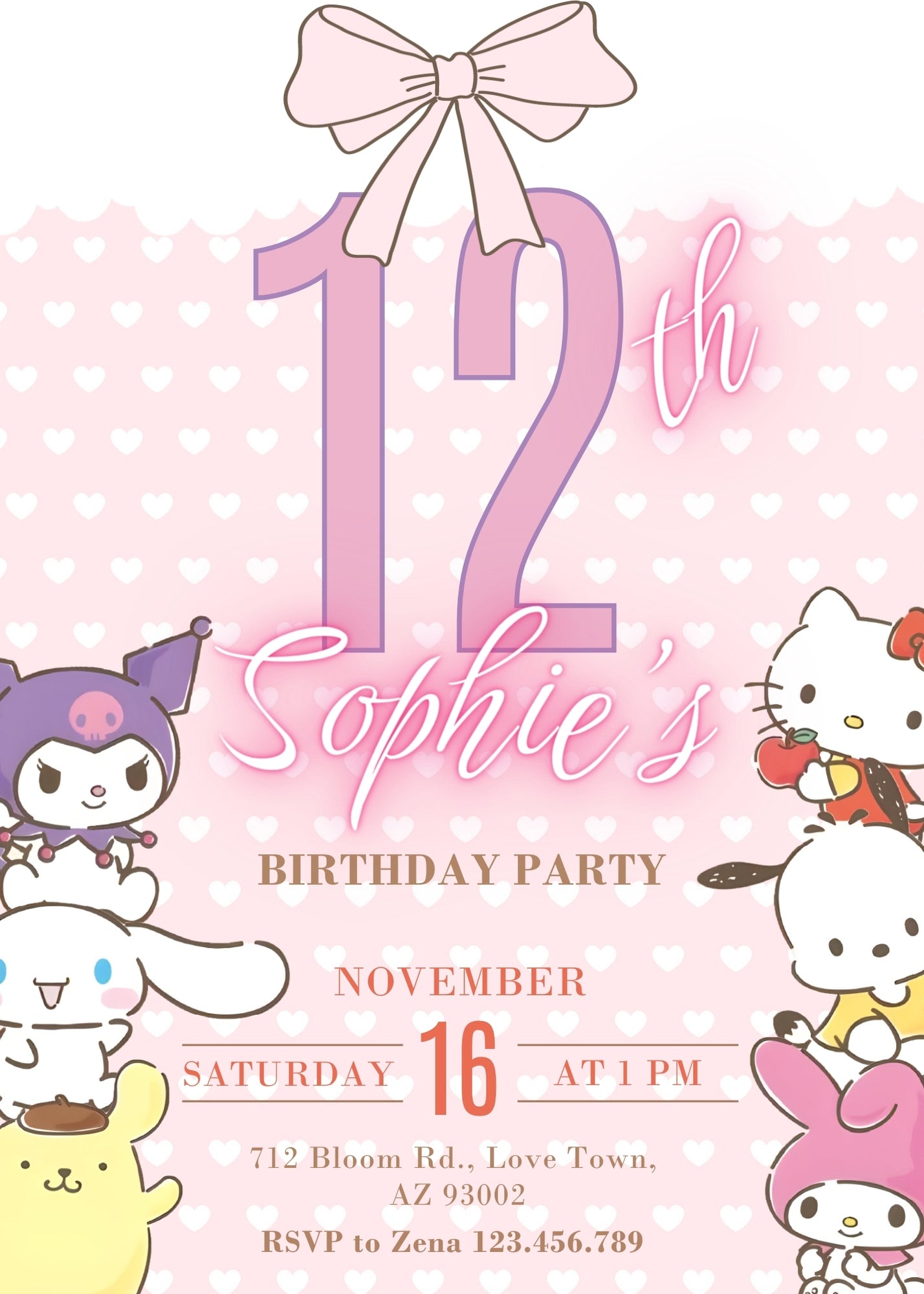 My Melody Hello Kitty Sanrio personizable birthday invitation template, instant download, girl, PT749