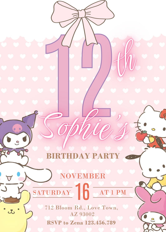 My Melody Hello Kitty Sanrio personizable birthday invitation template, instant download, girl, PT749